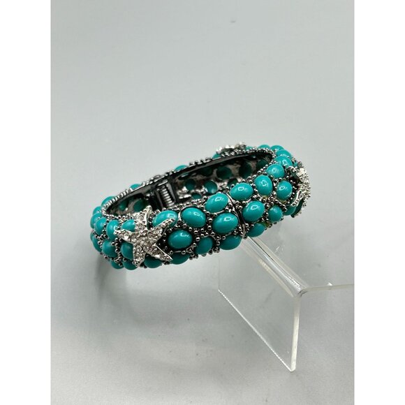 Sea Life Hinged Clamper Bangle Turquoise Cabochon Rhinestones Star Fish Unsigned - Picture 6 of 11